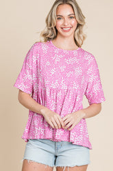 BOMBOM Elegant Floral Round Neck Peplum Blouse - Chic & Versatile